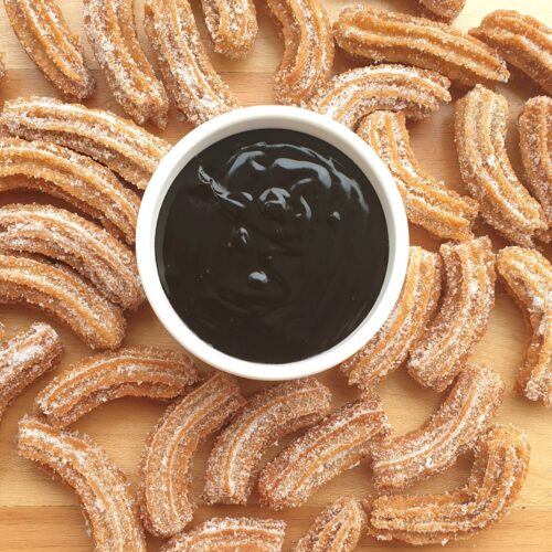 eggless churros with chocolate dipping sauce