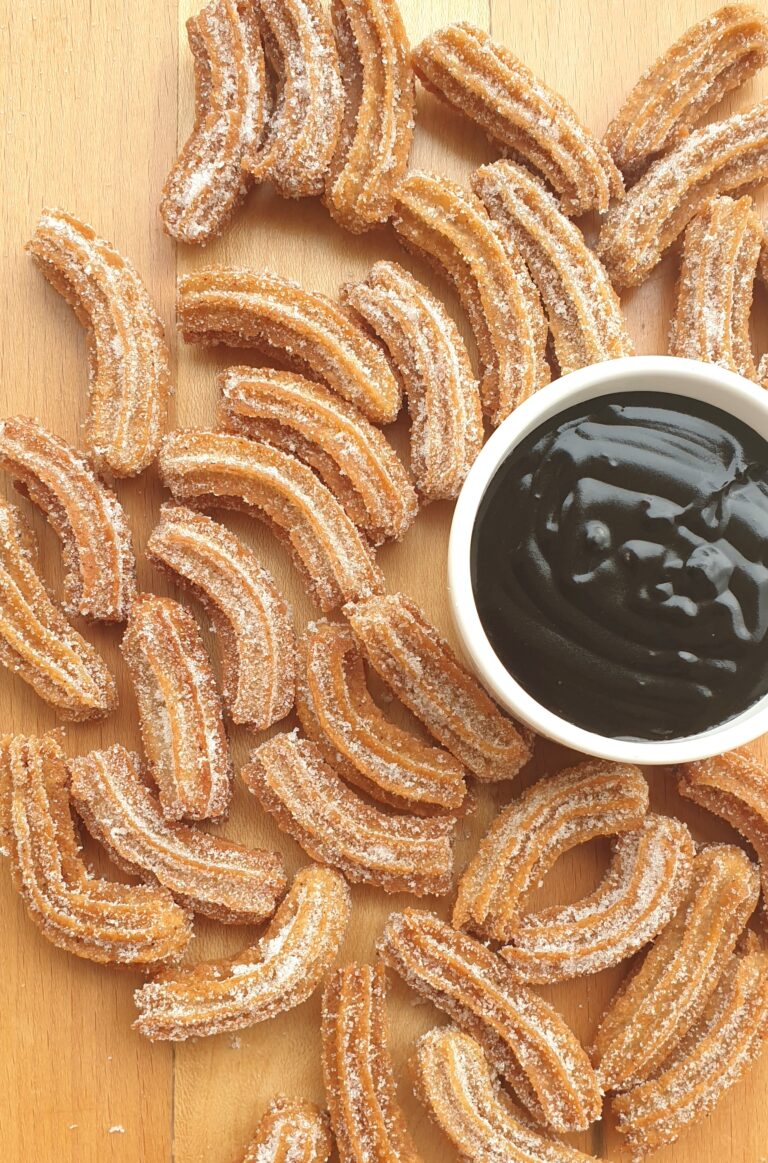 eggless churros with chocolate dipping sauce